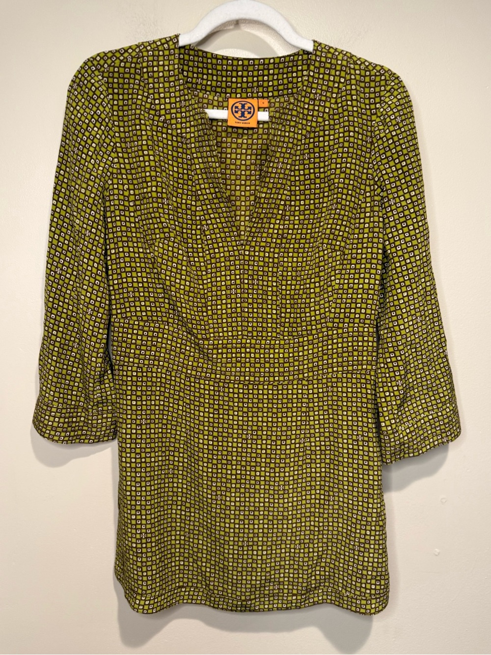 Tory Burch Olive Green Printed V-Neck Blouse